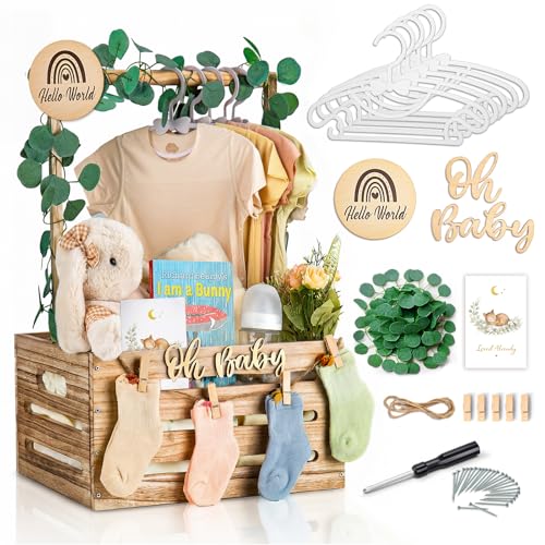 Wooden Baby Shower Crate Closet - Personalized Baby Gift Baskets with Hangers and Handle, Brown Large Newborn Boy Girl Clothes Storage Box for Newborn New Parent
