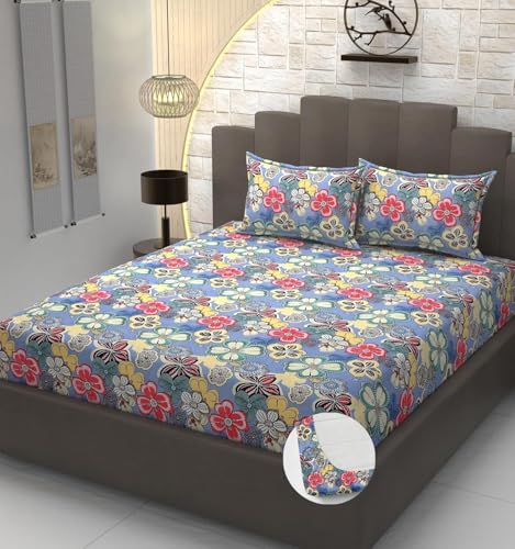 Image of Jashan 210 TC Glace Cotton Super Soft Fabric King Size Fitted Bedsheet for Double Bed, King Size 72 inches X 78 Inches x 10 Inches, with 2 Large Size Pillow Covers - Multi Colors