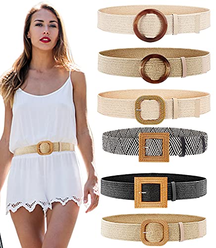 6 Pieces Women Straw Elastic Waist Belt , Fashion Bohemian Skinny Dress Boho Belt with Wooden Style Buckle