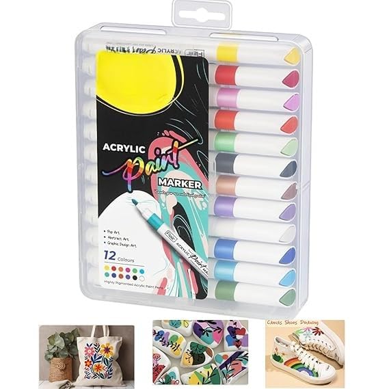 Image of BOLT BEE Acrylic Paint Markers with Brush Tips, Quick-Drying Waterproof Ink for Rock, Plastic, Wood, Canvas, Glass, Ceramic, Metal Art Crafts Projects (12 Color Acrylic Marker)