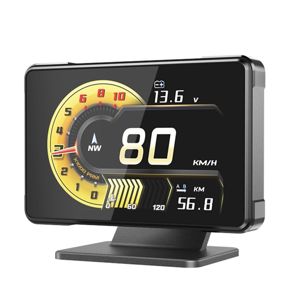 FUBESK GPS+OBD Head-Up-Display (HUD) mit Anzeige von Spannung, Geschwindigkeit, Drehzahl, Turbolader und Öltemperatur, ABS+PC, Schwarz, für Fahrzeuge ab Baujahr 2008.