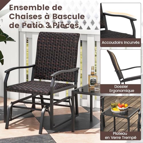 GYMAX Salon de Jardin Extérieur 2 Personnes en Rotin, 2 Chaise de Relaxation à Bascule, Table Basse en Verre Trempé, Cadre Robuste en Métal, Mobilier de Jardin pour Porche, Patio, Terrasse, Balcon – Image 5