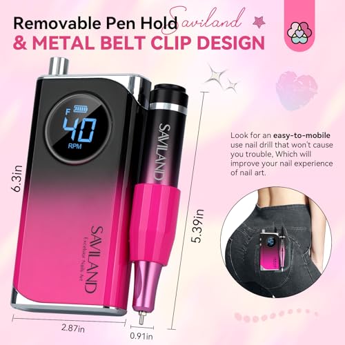 Image of SAVILAND Professional Electric Nail Drill Machine: 40000RPM Rechargeable Nail Drill File with 4000mAh Battery, Ceramic Bit and Sanding Bands for Manicure, Pedicure, Shaping & Acrylic Removal Salon Use