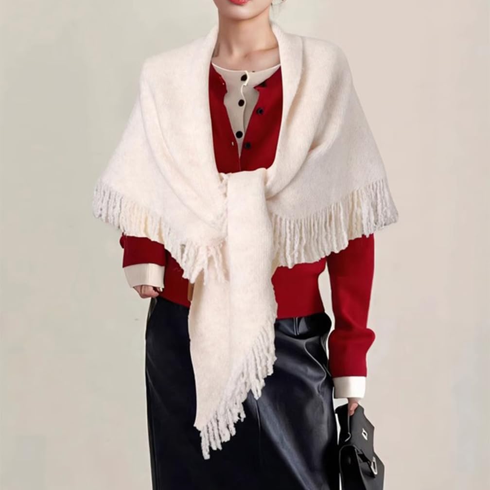 Women Elegant Fringe Knit Triangle Shawls Wraps Trendy Solid Color Open Front Knotted Pashmina Scarf - Image 4