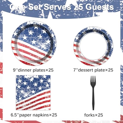 Image of Qyeahkj 100 Pcs 4th of July Party Plates and Napkins Tableware Set American Flag Birthday Party Dinnerware Supplies Patriotic Favors Independence Memorial Day Decorations for Serve 25