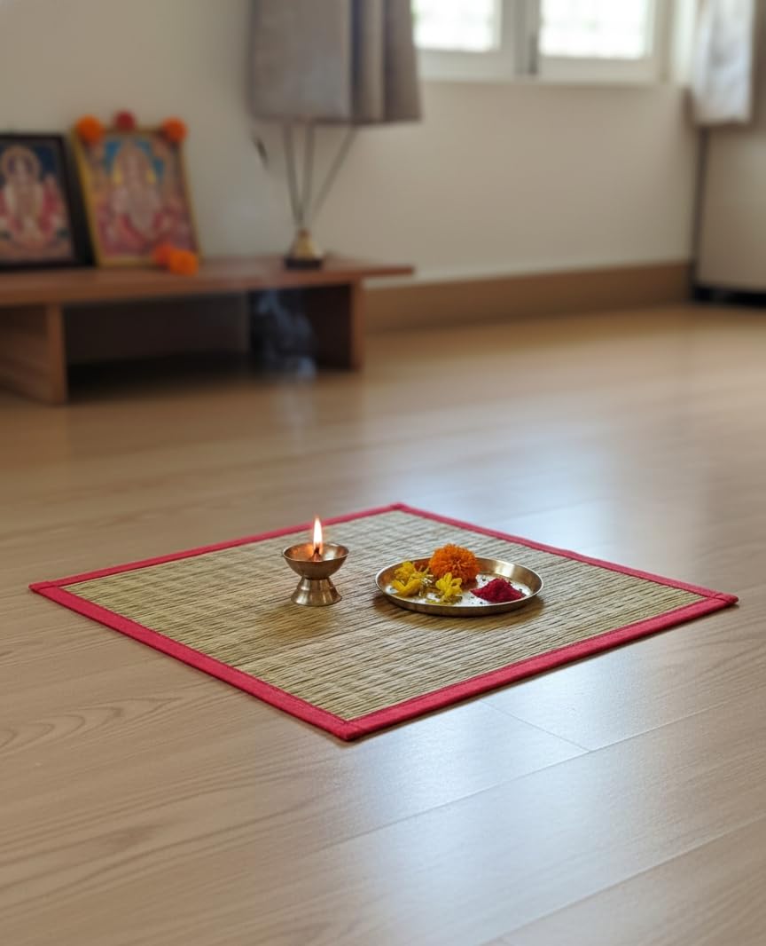 Traditional Pooja Mat Kusha Grass 31 x 21 Inch | Comfortable Sitting Aason for Floor, Pooja, Meditation | Pooja Sitting chatai | Mandir Aasan | Washable, Lightweight Worship Mat (2, Standard)-image-0