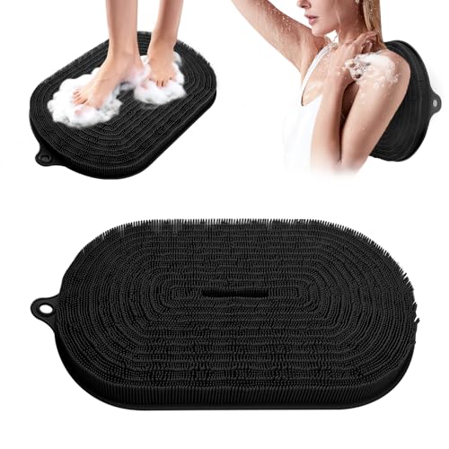 Image of EaTubano Wall Back Scrubber for Shower - Silicone Bath Mat for Exfoliating & Massaging Feet in Shower, Non-Slip Suction Cups, Dead Skin Remover, Callus Cleaner for Men & Women, 20.9"x13.8" Black