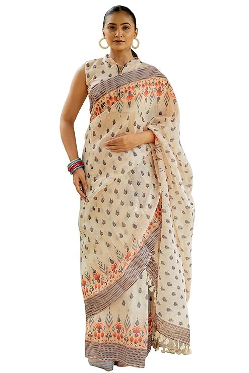 Image of RAJESHWAR FASHION WITH RF Soft Linan Cotton Summer collection rose digital print Traditional look saree beige