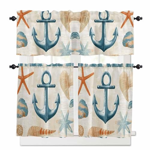 Nautical Anchor Kitchen Curtains 36 Inch Length,3 Piece Rod Pocket Small Half Tiers and Valance Set,Coastal Ocean Vintage Starfish Shells Small Large Window Treatment Decor for Bedroom/Bathroom Sink