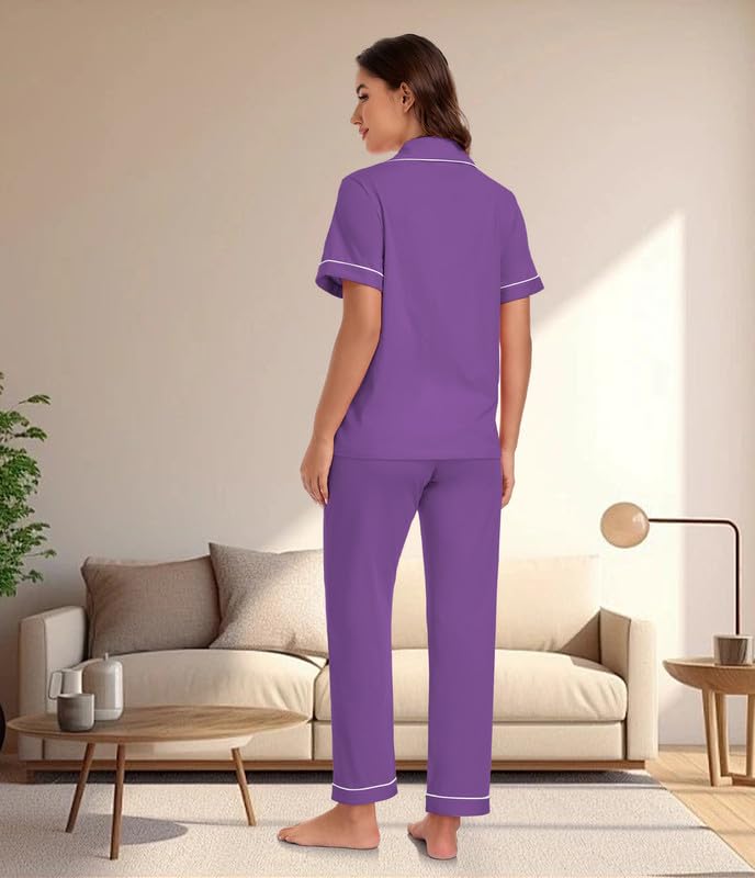 Image of CF 100% Cotton Pajamas for Women Set 2 Piece Short Sleeve Tops and Long Pants Comfy Well-Fitted Loungewear Set Pj Sets