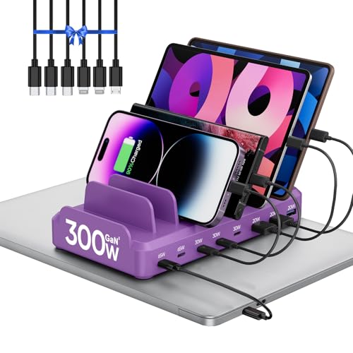 Image of 300W Charging Station for Multiple Devices, 8 Port Multi USB C Fast Charger Station Dock for MacBook iPhone 16 /15 /14 /13 /12 Samsung Pixel Series iPad, Purple (6 Mixed Short Cables Included)