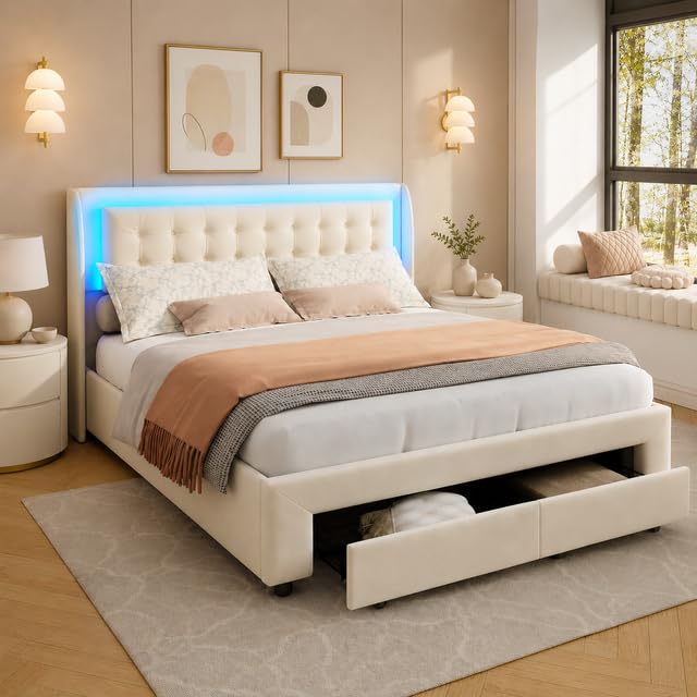 Cama Canapé Abatible 180x200 cm, Cama de Matrimonio Tapizada en Terciopelo Beige Crema con Almacenaje Hidráulico y 2 Cajones, Cabecero LED de 6 Colores con Mando, Somier de Láminas, sin Colchón
