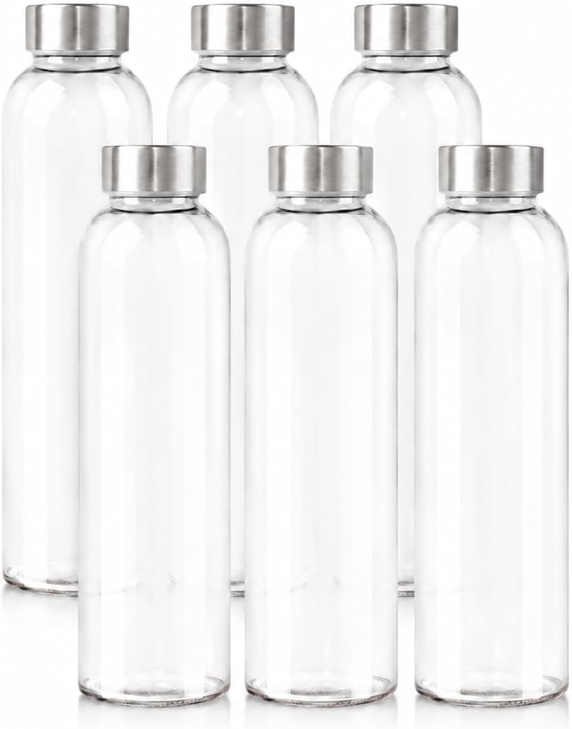 18oz Clear Glass Water Bottles, Reusable Juice Bottles with Stainless Steel Lids, Leak Resistant Glass Bottles for Smoothies, Juicing, Homemade Drinks