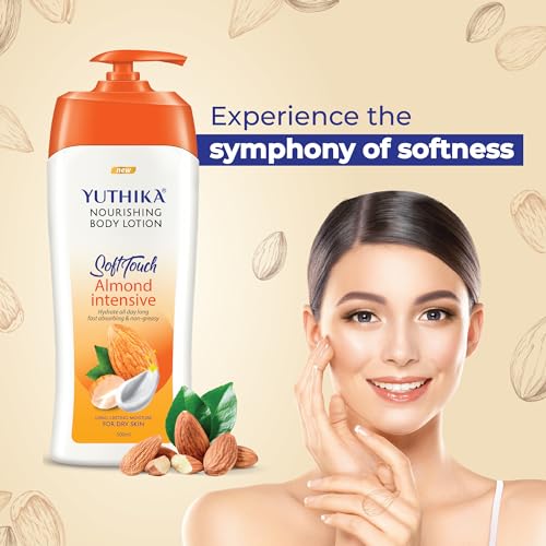Image of Yuthika Naturals Almond Soft Touch 500ml Body Lotion for Women & Men | 72Hr Hydration | for Dry to Very Dry Skin | Enriched with Almond Oil | Non Greasy & Healthy Looking Skin
