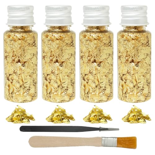 QEAS 4 botellas de hojas de oro con pinzas y cepillo, comestibles, multifuncionales, para decoración de tartas, bodas, flores, uñas, manualidades, joyas, muebles, pintura y decoración