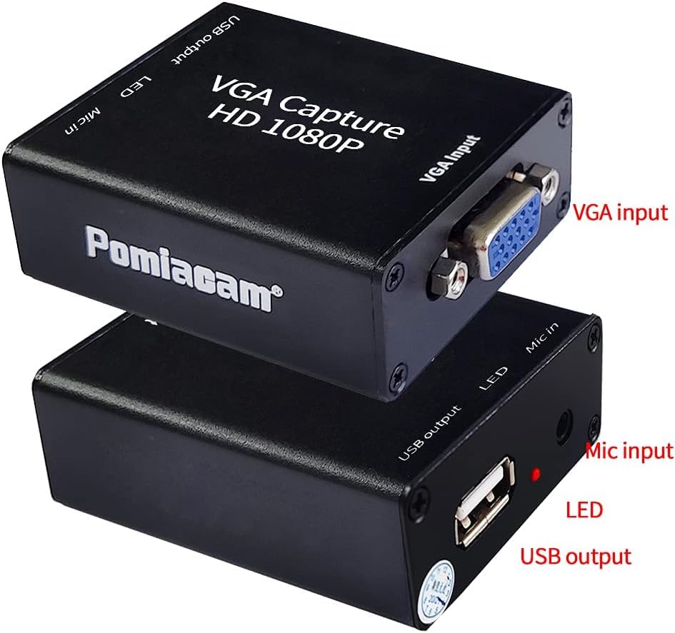 Image displaying the compact dimensions of the POMIACAM VGA Capture Card: 64mm (2.5 inches) length, 51mm (2 inches) width, and 21mm (0.8 inches) height.