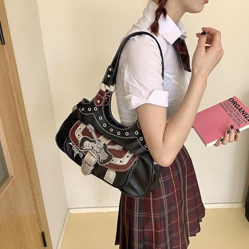 JHTPSLR Rivet Belt Punk Y2k Leather Shoulder Purse for Women Guitar Star Dark Grunge Goth Bag 2000s Streetwear4