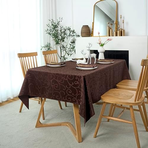 Marina Decoration Home Decor Jacquard Waterproof Thick Elegant Premium Solid Damask Scroll Decorative Kitchen Table Cloth Liquid Repellent Stain Resistant Tablecloth, Brown Color Oblong 52 x 70 Inch