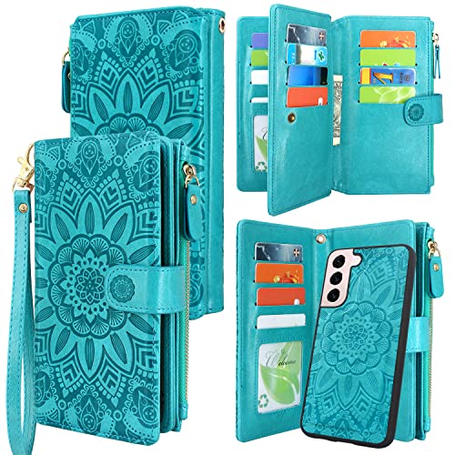 Harryshell Detachable Magnetic Zipper Wallet Leather Case with Cash Coin Pocket 12 Card Slots Holder Wrist Strap Lanyard for Samsung Galaxy S22+ S22 Plus (2022) Flower (Blue Green)