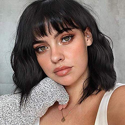 Bob Wig With Bangs 10 Inch Short Bob Wavy Hair Black Wig Synthetic Curly Bob Wig for Women Natural Looking Heat Resistant Wig(Natural Black)