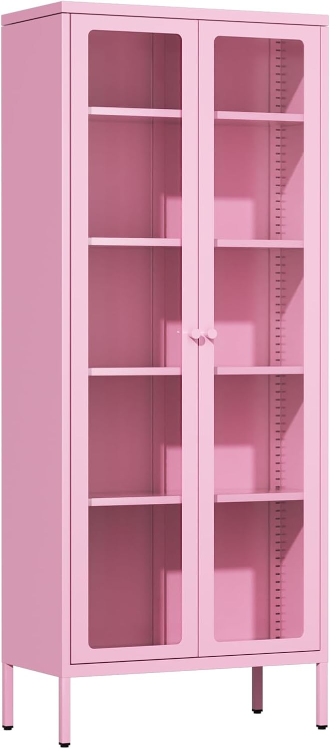 Oakcloud 67" Metal Glass Display Cabinet, Storage Cabinet for Collectibles, Curio, China, Books, Display Case with Glass Doors and 4 Adjustable Shelves for Home Office, Living Room, Pantry (Pink) 67" Pink