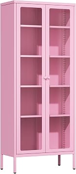 Crownland Metal Storage Cabinet with Glass Doors, Display Curio Glass Cabinet with 4 Adjustable Shelves, Tall Modern Office Storage Cabinets for Home Office, Living Room, PantryPink