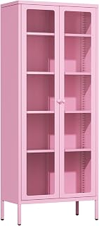 Crownland Metal Storage Cabinet with Glass Doors, Display Curio Glass Cabinet with 4 Adjustable Shelves, Tall Modern Office Storage Cabinets for Home Office, Living Room, Pantry(Pink)