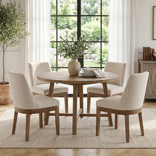 Image of HNY Modern Dining Chairs Set of 4 with Comfortable Back Support, Farmhouse Soft Linen Upholstered Kitchen Dining Room Chairs with Solid Wood Legs, Armless Accent Side Chairs for Living Room, Beige