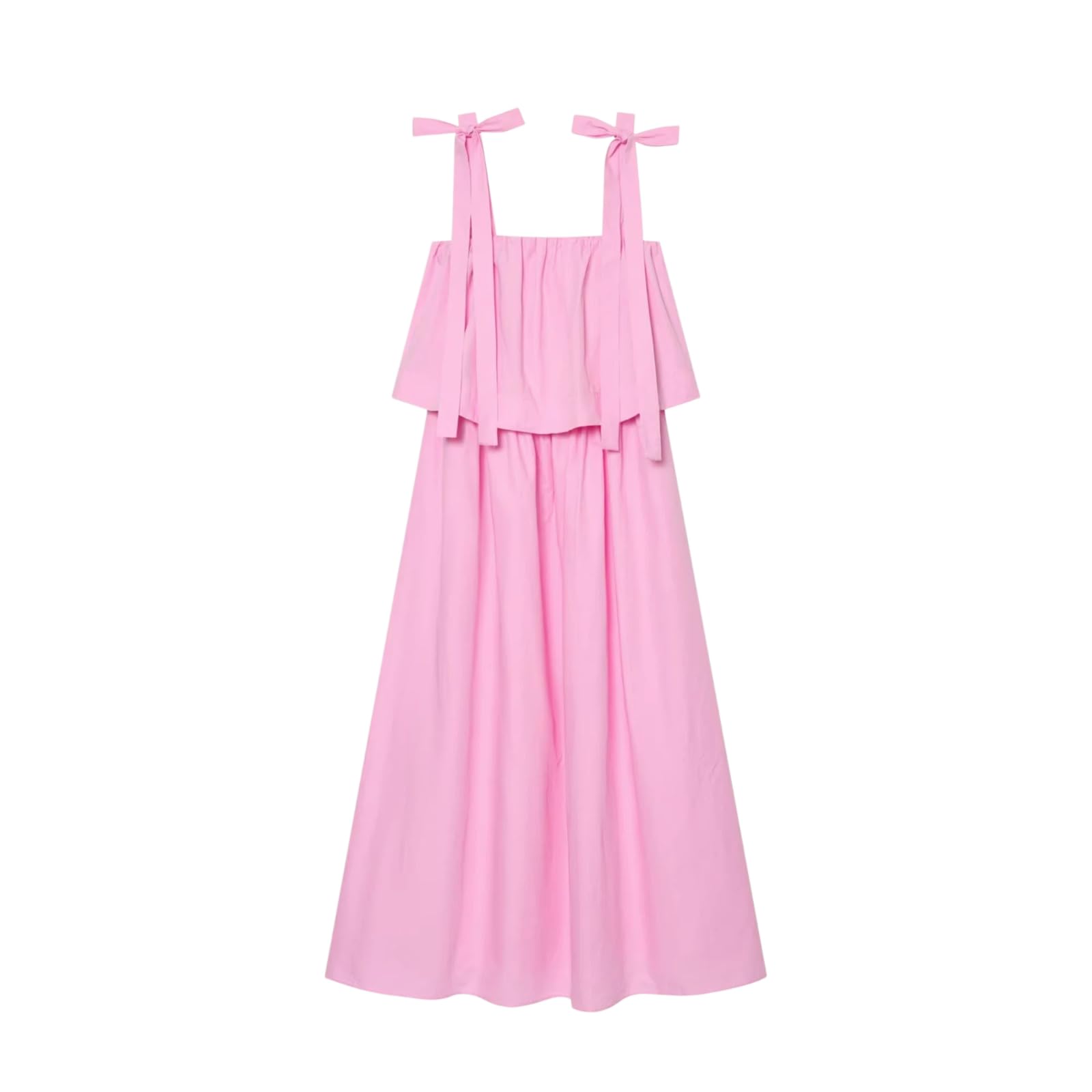 Vestido Midi Mujer A-Linea Escalonado con Tirantes y Lazos