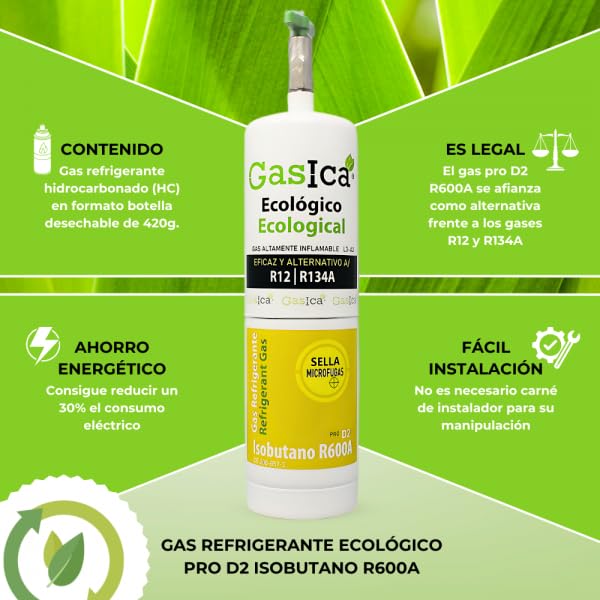 2x Envases GASICA PRO D2 - Gas Refrigerante Ecológico Orgánico - Equivalente 900g (R134A y R12) Apto para carga A/C Autos y hogar.