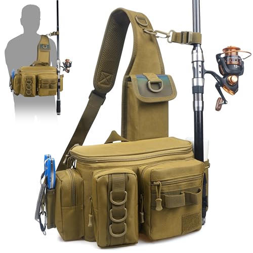 Shaddock Fishing Bolsa de Cintura Portable con Porta Caña, Bolsa Cruzada para Pesca, Camping y Senderismo para Hombres y Mujeres