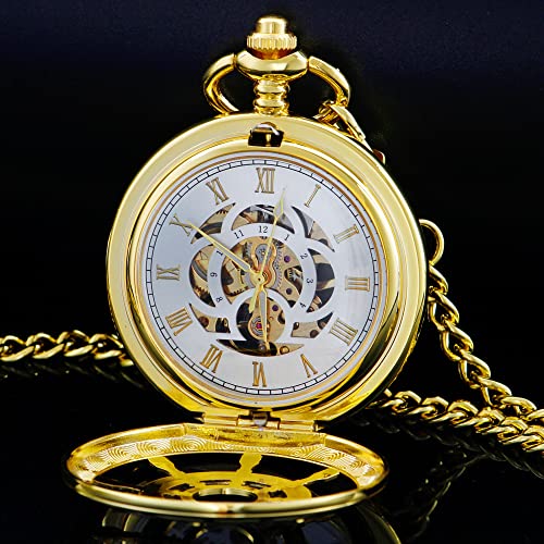 Image of Men's Mechanical Hollow Design Hand Wind Pocket Watch Roman Numerals Steampunk with Chain Box