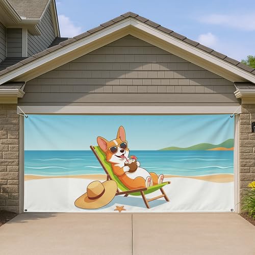 Corgi Beach - Cubierta para puerta de garaje, divertida decoración de animales tropicales, decoración de verano al aire libre para el hogar, tema de vacaciones, 157 x 71 pulgadas
