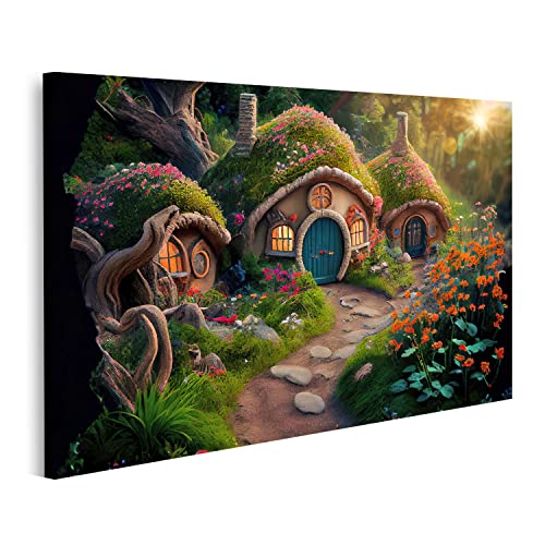 islandburner Tableau sur toile Hobbit Maisons Fantasy Forêt Conte de fées Maison Herbe couverte Magique Bois Photos Murales Poster