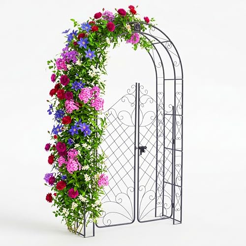 Relaxdays Rosenbogen mit Tür Metall Torbogen Garten HxBxT: 220 x 120 x 40 cm Rankbogen für Kletterpflanzen schwarz