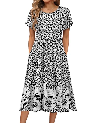 Image of HOTOUCH Women's Summer A-Line Midi Dresses 2026 Casual Floral Short Sleeve T-Shirt Dress Flowy Beach Sundress with Pockets