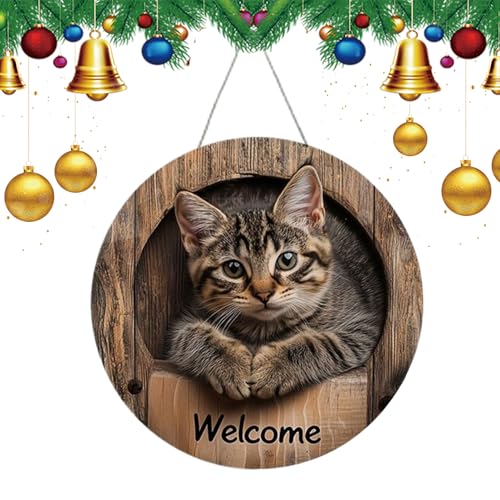 Cartel De Bienvenida Para Puerta | Letrero De Bienvenida De Madera Para Puerta De Entrada - Detalle Decorativo Plano 2D Con Tema De Gato Para Regalo De Inauguración,Para Interior Exterior Cafetería Sa