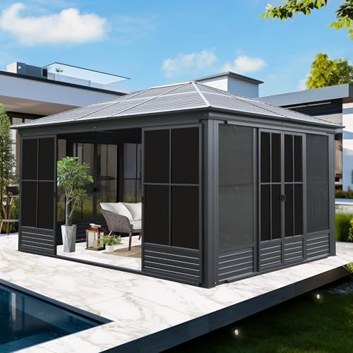 Domi 12’ x 14.7’ Sunroom, All Season Solarium Gazebo with Galvanized Steel Roof, Outdoor Aluminum Screen Houses with 4 Lockable Sliding Doors, Moveable PE Screens for Lawn Deck Backyard, Dark Grey