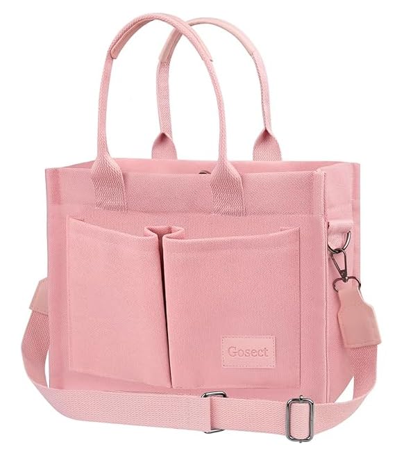 Gosect Canvas Tote Bag for Women With Pockets,Large Work Tote Bags Womens, Laptop Crossbody Purses Everything Everyday Bag Handbags lunch bag for Travel Work (Pink)