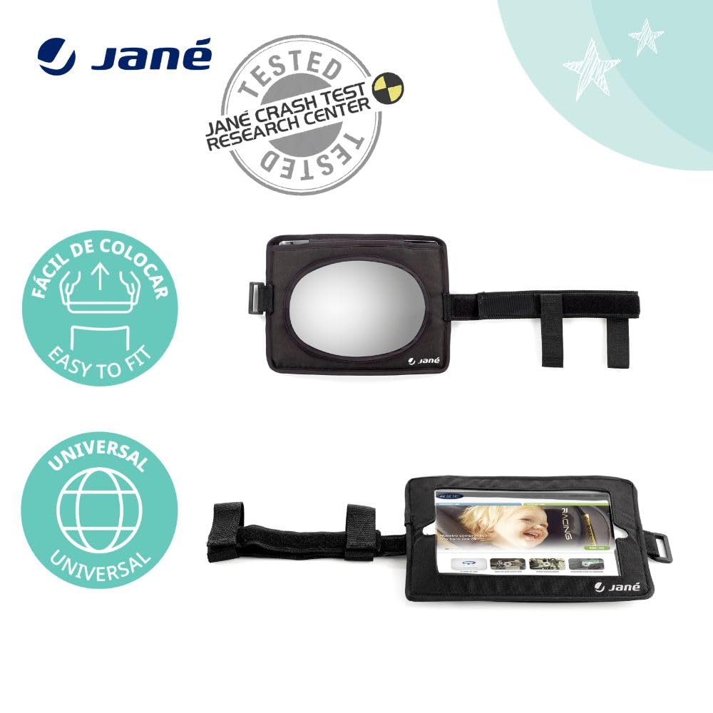 Jané Espejo de Seguridad para Coche, con Funda para Tablet y Minitablet, Vigilancia del Niño Durante la Conducción, Negro