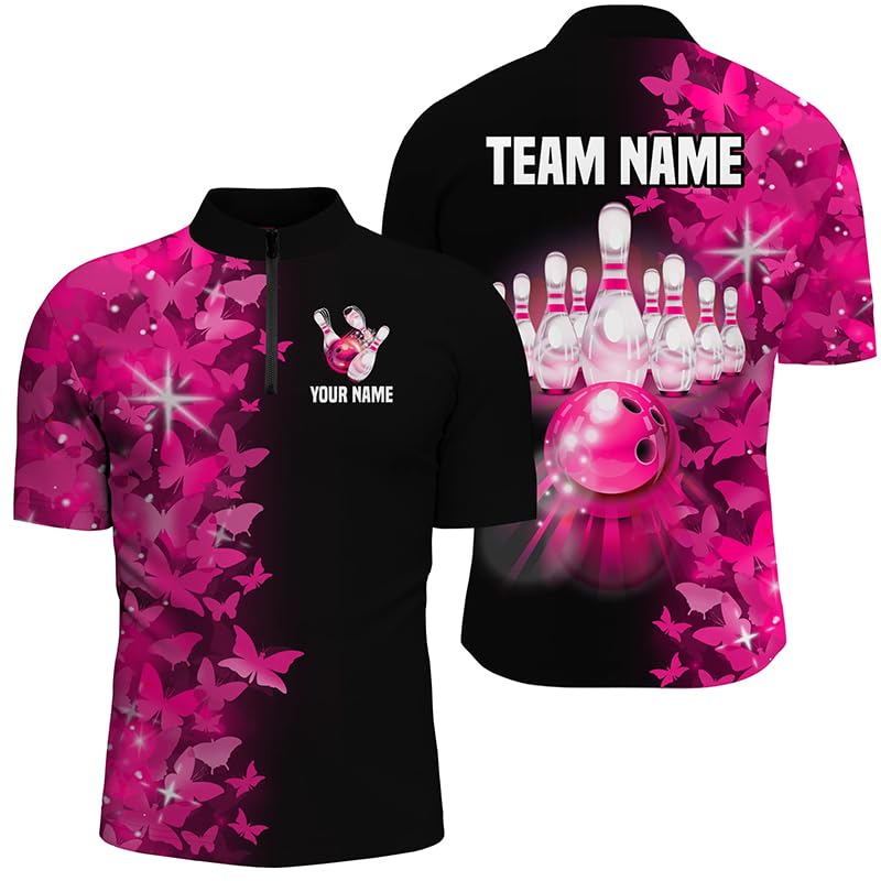 PIONAMZIOZ Butterflies Bowling Shirts for Men Women Custom Bowling Team Jersey Polo & Quarter-Zip Bowling Shirts Multi-Color (US, Alpha, Small, 5X-Large, Regular, Regular, Pink)