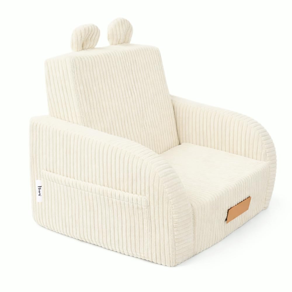 Flumi Fauteuil Enfant Mousse Convertible personnalisé 2 en 1 avec prénom, canapé Enfant dépliable pour Chambre bébé ou Enfant, Housse Amovible Lavable (Velours côtelé crème)