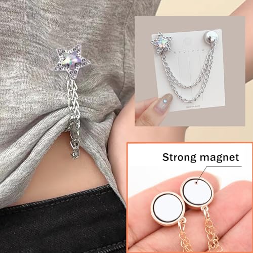 Image of Ouliget Multi-Function Magnetic Clothing Clips,Pinless Brooch Chain Magnetic Buttons Shawl Clips for Hijab, Loose T-Shirt Hems, Sleeves, Collar and Pants Hems,4 Pieces (Silver Star)