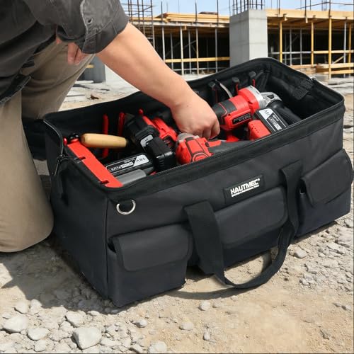 Image of HAUTMEC 24 inch Large Contractors Tool Bag, Wide Mouth Tool Bag with Hard Base & Metal Frame, 21-Pocket Double Zippers Heavy-Duty Tool Organizer for Heavy Tools - HT0184