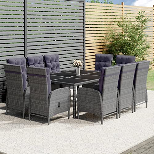 11 Piece Garden Dining Set, Poly Rattan Grey, Outdoor Patio Furniture with Reclining Chairs & Tempered Glass Table, Weather-Resistant, for Garden, Balcony
