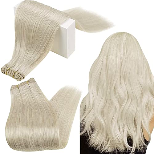 RUNATURE White Blonde Hair Weft Human Hair 12 Inch Double Weft Human Hair Extensions Blonde 100g Sew in Real Hair Extensions