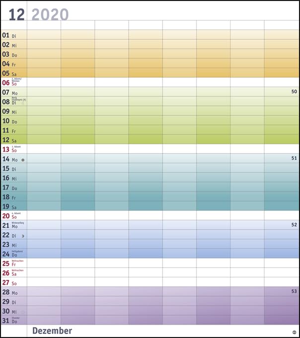 Bunte Wochen Planer XXL. Wandkalender 2020. Monatskalendarium. Spiralbindung. Format 40 x 45 cm