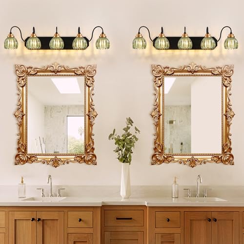 Image of Vintage Gold Bathroom Light Fixtures, 5 Light Green Tulip Crystal