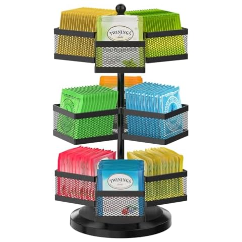 iDavosic.ly 3 Tier Tea Bag Organizer, Tea Bag Storage Holder Spinning Carousel with 9 Compartments, Rotating Metal Tea Bag Caddy for Kitchen Counter Cabinet, Up to 108 Tea Bags Storage Cover