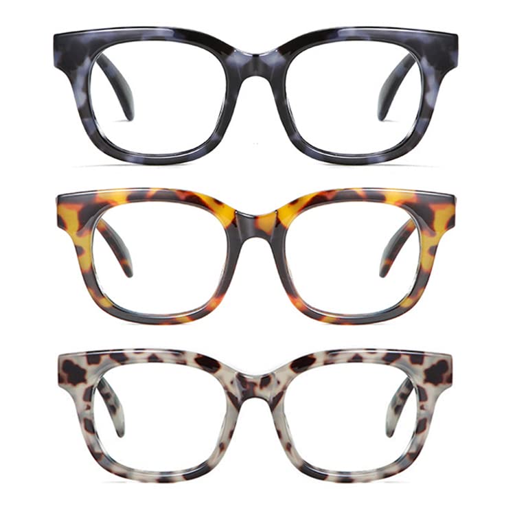 Image of 3Pack Oversized Oprah Style Reading Glasses For Women Men Spring Hinges Round Blue Light Blocking Computer Readers (blue /leopard /gray, 1.75, multiplier x)